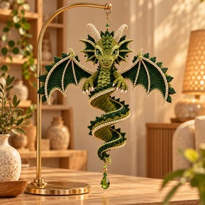 Op de afbeelding: Een gehaakt groen drakenornament hangend aan een gouden metalen standaard. De draak heeft gestructureerde schubben, grote vleugels met crèmekleurige randen en een lange, opgerolde staart. Een kleine groene kristallen kraal hangt aan de staartpunt.