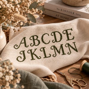 May include: A piece of beige fabric featuring dark green cross-stitched letters A, B, C, D, E, J, K, L, M, and N. The embroidery is worked in a decorative serif font on a textured weave. The fabric is displayed alongside a spool of green thread and scissors.