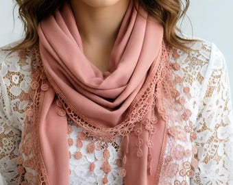 Salmon Pink Cotton Scarf Shawl with Lace Edge