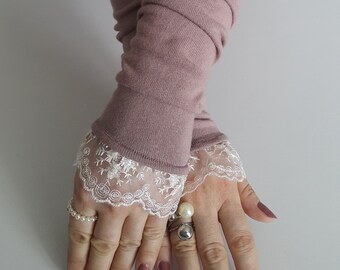 Powder Pink Cotton Lace Wrist Warmers: Handmade Gloves