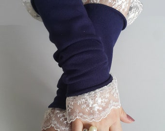 Handmade Lace Wrist Warmers: Dark Blue Fleece Gloves