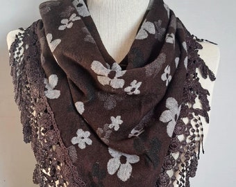 Dark Brown Floral Scarf with Lace Trim: Winter Neckwarmer