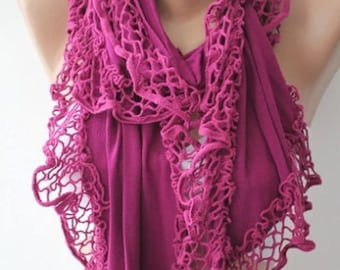 Handmade Fuchsia Scarf Shawl with Lace Edge