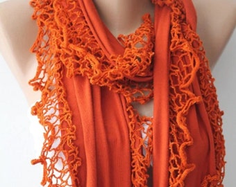 Handmade Orange Lace Scarf: Burnt Brick Ruffle Shawl