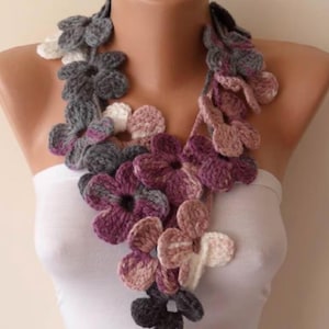 Unique Crochet Scarf Knit Scarf, Gift for Her, Christmas Gift, Unique Holiday Gift, Girlfriend Mom Gift, Knitted Flowers Scarf, Best Gift