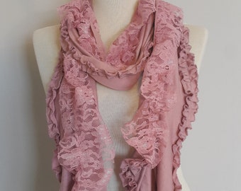 Salmon Pink Lace Ruffle Scarf, Cotton Fashion Shawl, Unique Christmas Gift for Her