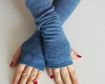 Navy Fleece Fingerless Gloves: Handmade Arm Warmers