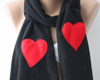 Black Scarf Red Heart Valenties Day Gift Scarf Unique Women Gift Scarf Personalized Gift ideas for Her Girlfriend gift for Every Valentine