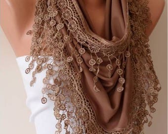 Gold Brown Scarf Women Personalized Gifts for Women Gift ideas for Her Girlfriend Lace Scarf Light Brown Scarf Unique gifts for women