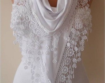 White Cotton Lace Women Scarf, Affordable Christmas Gifts, Winter Accessories, Anniversary Gifts for Her