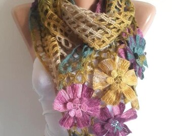 Autumn Crochet Knit Scarf: Floral Neckwarmer Shawl