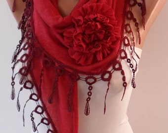 Handmade Red Rose Scarf: Cotton Trim Edge, Triangular Scarf