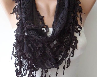 Handmade Black Lace Scarf: Trim Edge Shawl