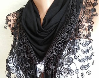 Black Cotton Scarf Shawl Gift Scarf Women Gift Scarf Personalized Gift for Her Girlfriend gift for her Lace Scarf Christmas Gift