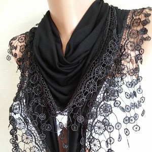 Black Cotton Scarf Shawl Gift Scarf Women Gift Scarf Personalized for Her Girlfriend gift for her Lace Scarf Mothers Day Gift image 1