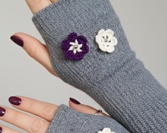 Grey Fingerless Gloves with Crochet Flowers, Boho Arm Warmers