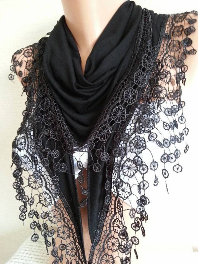 Black Cotton Scarf Shawl Gift Scarf Women Gift Scarf Personalized for Her Girlfriend gift for her Lace Scarf Mothers Day Gift image 1