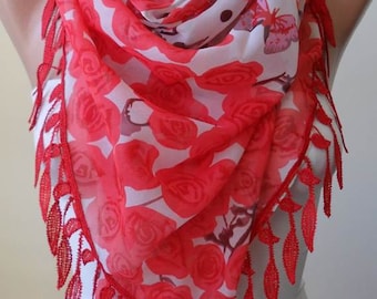 Red Silk Chiffon Scarf: Lace Trim Shawl