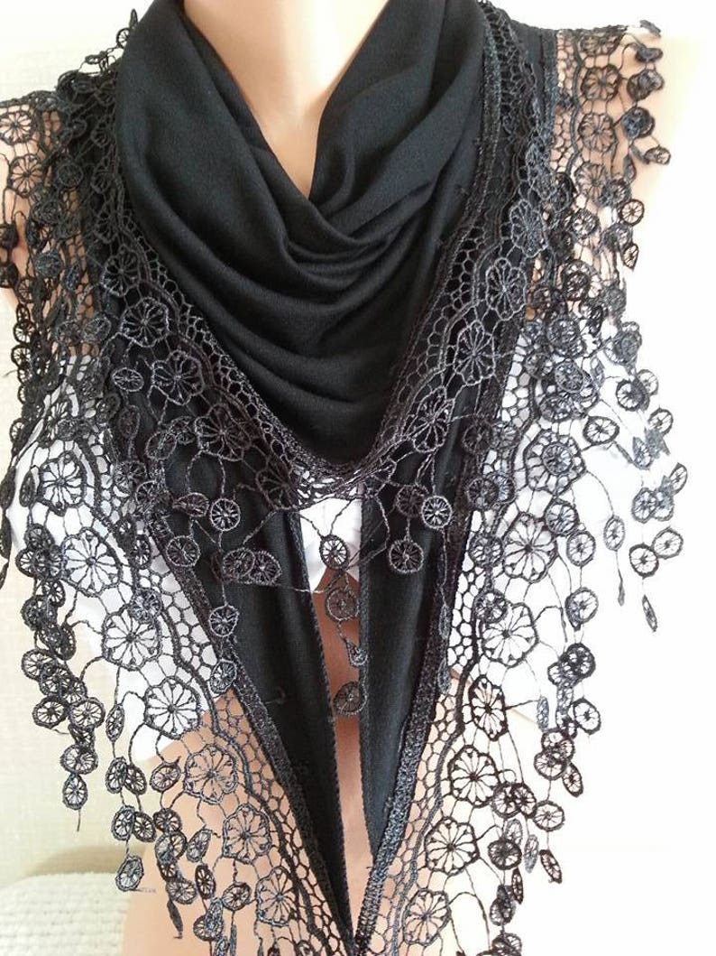 Black Cotton Scarf Shawl Gift Scarf Women Gift Scarf Personalized for Her Girlfriend gift for her Lace Scarf Mothers Day Gift image 4