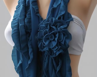 Handmade Dark Teal Ruffle Infinity Scarf, Scarf Women, Anniversary gifts