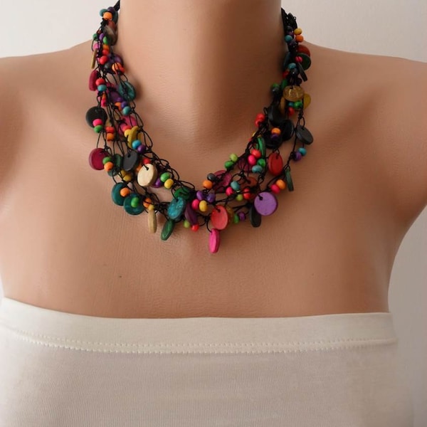 Handmade Colorful Wooden Bead Necklace: Boho Festival Jewelry