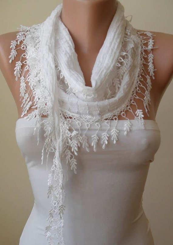 Items similar to White Cotton and Summer Scarf with White Trim Edge on Etsy