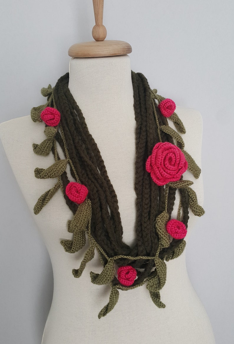 Hot Pink Flowers Green Leaves Crochet Scarf Gift Scarf Personalized Gift ideas for Her Girlfriend gift for her Mom Gift Mothers Day Gift image 2