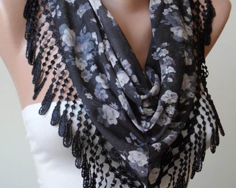 Handmade Floral Scarf, Black Lace Trim, Triangular Shawl