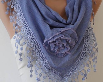 Handmade Lilac Cotton Scarf with Rose and Trim