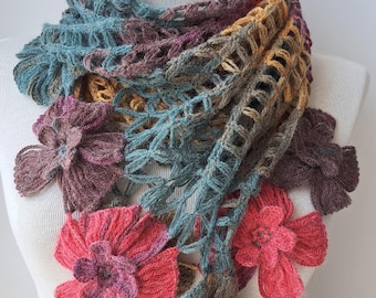 Wool Crochet Scarf: Handknit Flower Scarf, Winter Accessory