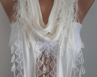 Creamy White Scarf with Lace Gifts for Women Elegant Scarf Unique Gifts Bridesmaid Gift Bridal Shawl Christmas Gift for Mom Grandma Gift