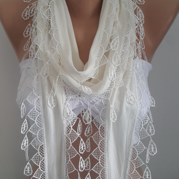 Creamy White Scarf with Lace Gifts for Women Elegant Scarf Unique Gifts Bridesmaid Gift Bridal Shawl Christmas Gift for Mom Grandma Gift