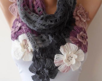 Lilac - Gray and Creamy White Wool Crochet Scarf - Handknit Scarf