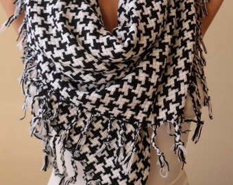 Winter Scarf, Valentine Gift for Her, Black and White Houndstooth Sca
