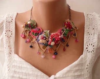Crochet Bead Necklace, Handmade Colorful Statement Jewelry