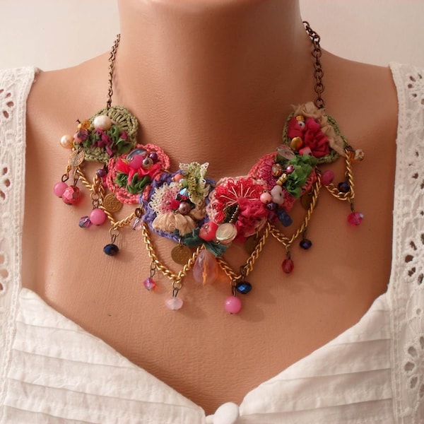 Crochet Bead Necklace, Handmade Colorful Statement Jewelry