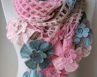 Handknit Crochet Flower Scarf - Pink Winter Scarf