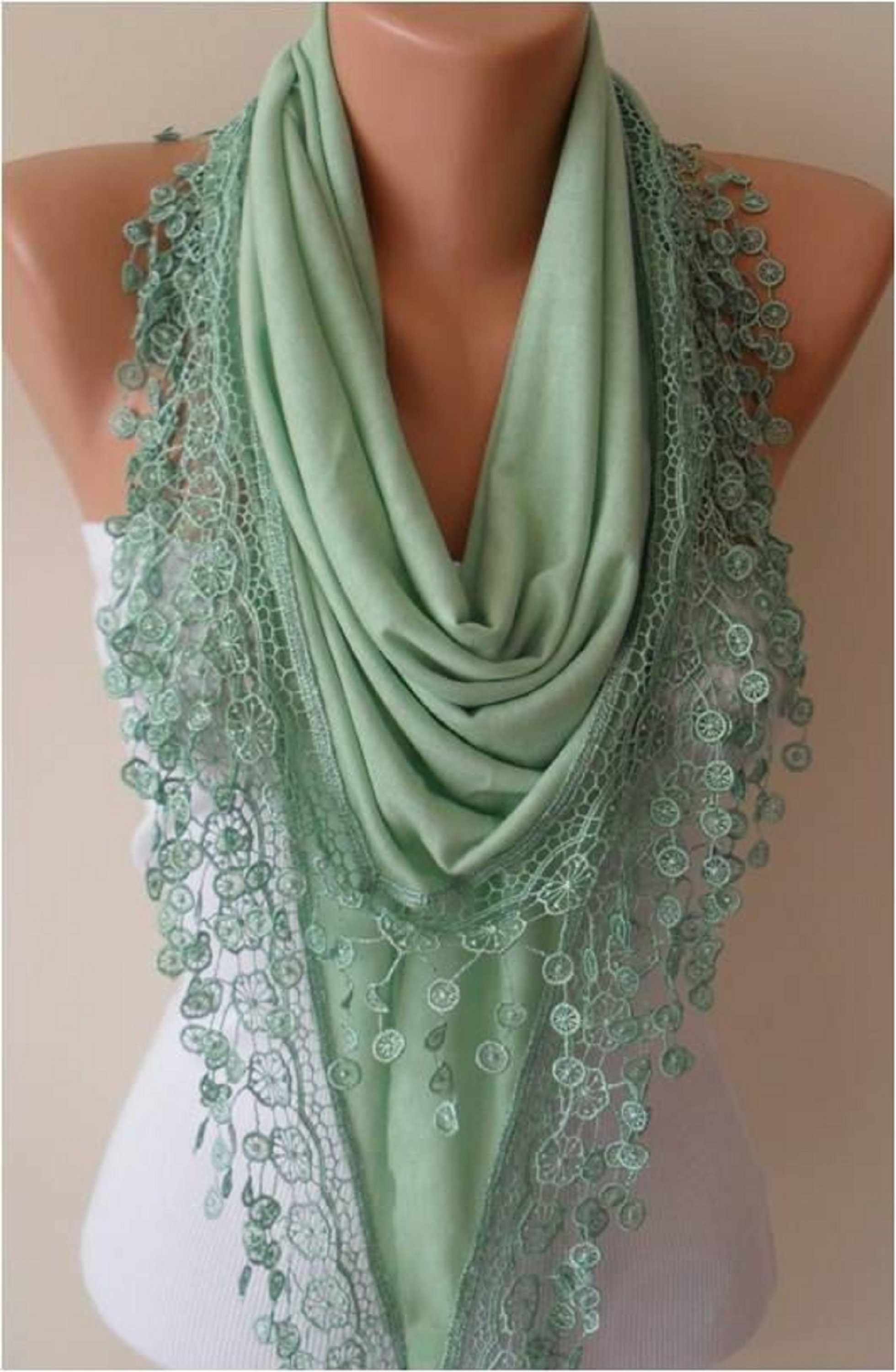 Light Green Scarf, Gift for Her, Triangular Shawl, Scarf Women