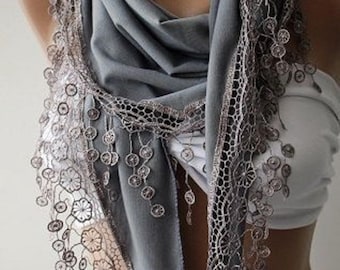 Handmade Gray Cotton Lace Scarf, Unique Christmas Gifts for Her, Winter Style Friend Gifts