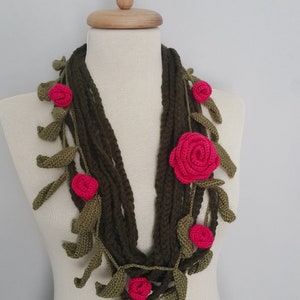 Hot Pink Flowers Green Leaves Crochet Scarf Gift Scarf Personalized Gift ideas for Her Girlfriend gift for her Mom Gift Mothers Day Gift image 4