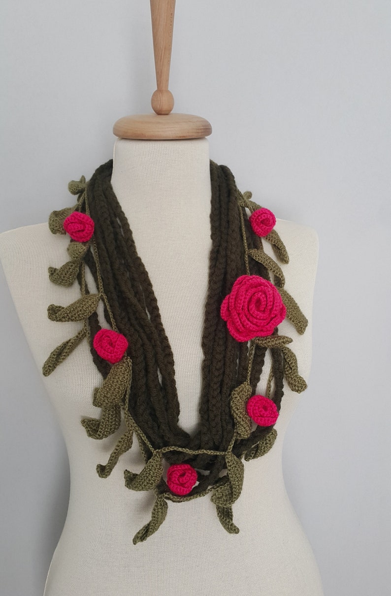 Hot Pink Flowers Green Leaves Crochet Scarf Gift Scarf Personalized Gift ideas for Her Girlfriend gift for her Mom Gift Mothers Day Gift image 4