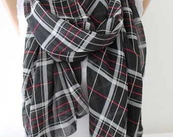Plaid Black and Red Chiffon Scarf Shawl Gift Women Valentines Day Gift for Her Unique Gifts birthday Gift Mother Gift Best Friend Gift