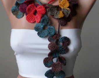 Handknit Crochet Flower Scarf: Colorful Women's Scarf