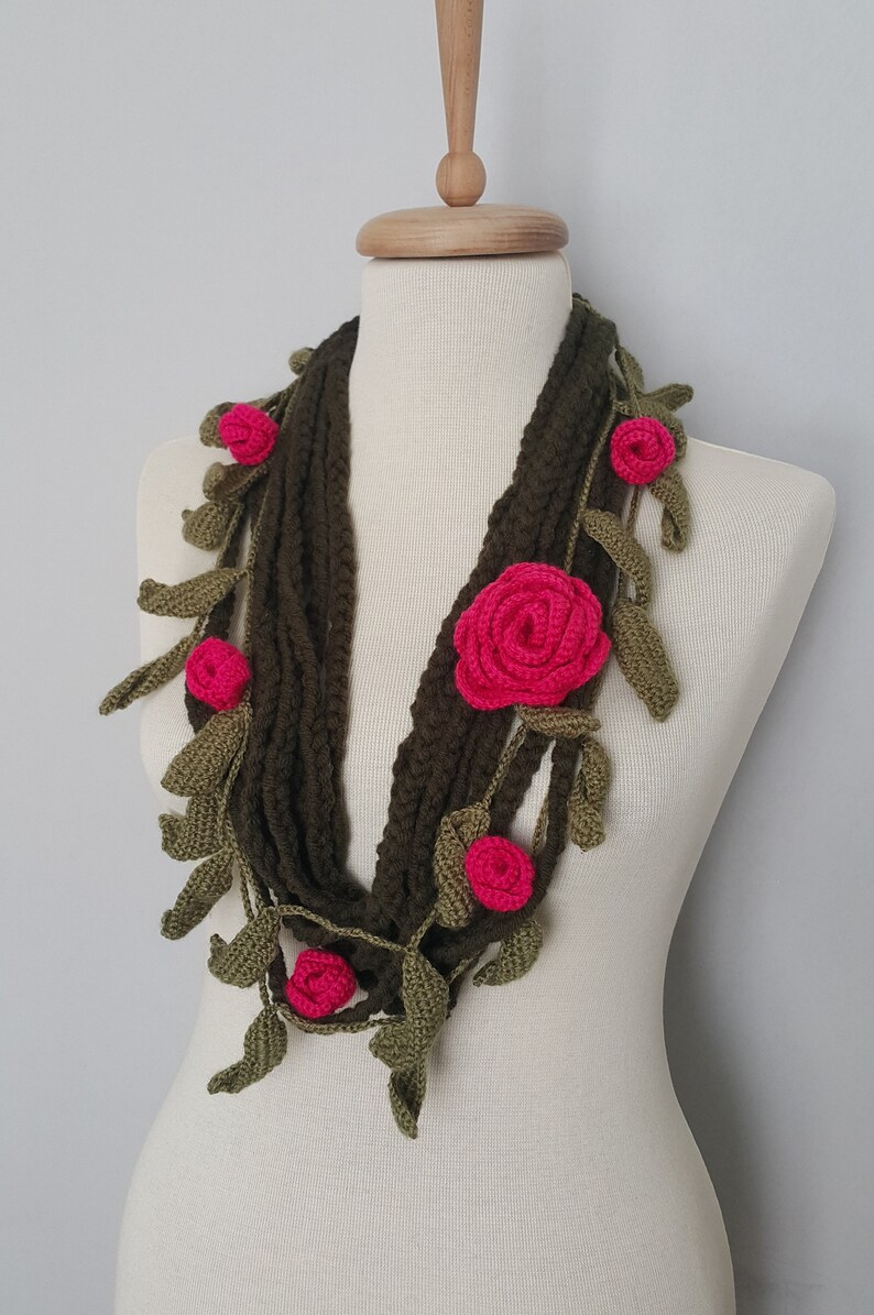 Hot Pink Flowers Green Leaves Crochet Scarf Gift Scarf Personalized Gift ideas for Her Girlfriend gift for her Mom Gift Mothers Day Gift image 3