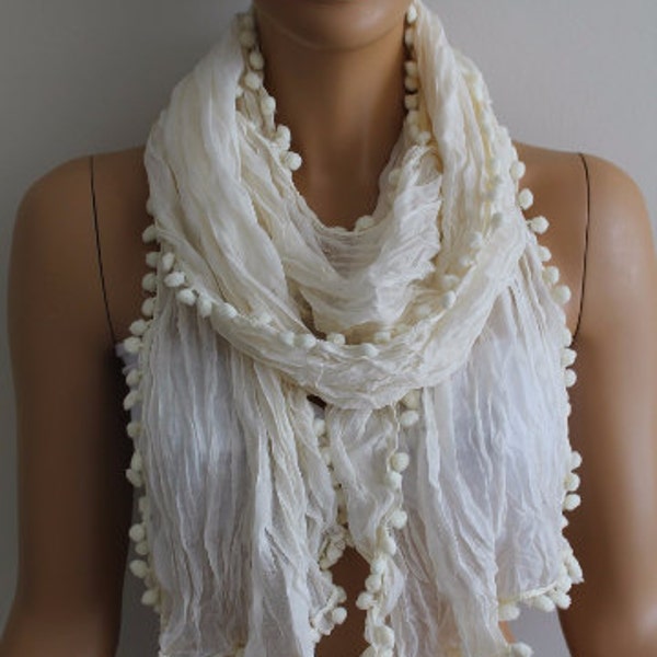 Off White Pompom Scarf Shawl Gift Scarf Women Gift Shawl Girlfriend gift Mom Gift Boho Scarf Christmas Gift