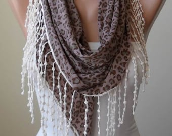 Handmade Leopard Triangle Scarf with Beige Lace Trim