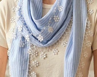 Blue Striped Linen Scarf with Flower Lace Trim, Boho Wrap Accessory, Gifts for Her