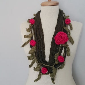 Hot Pink Flowers Green Leaves Crochet Scarf Gift Scarf Personalized Gift ideas for Her Girlfriend gift for her Mom Gift Mothers Day Gift image 1