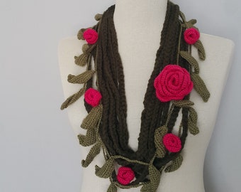 Hot Pink Flowers Green Leaves Crochet Scarf Gift Scarf Personalized Gift ideas for Her Girlfriend gift for her Mom Gift Mothers Day Gift