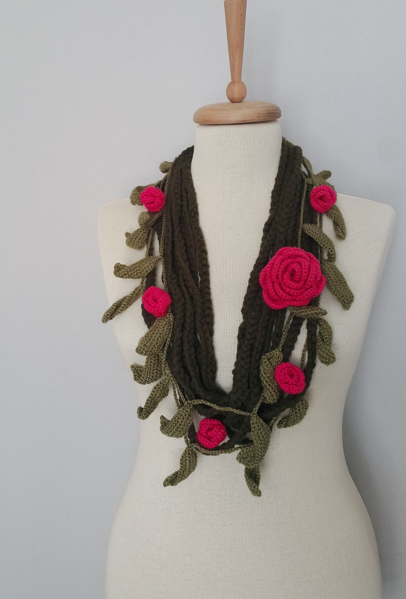 Hot Pink Flowers Green Leaves Crochet Scarf Gift Scarf Personalized Gift ideas for Her Girlfriend gift for her Mom Gift Mothers Day Gift image 1